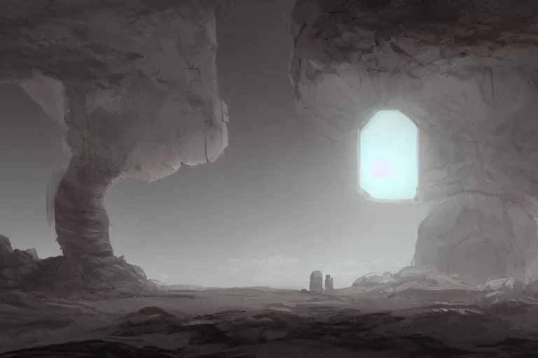 Image similar to a single distant glowing doorway opens up in an otherwise dark and desolate landscape : retrufuturistic, concept art