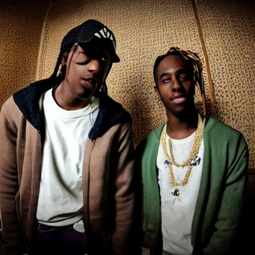 Prompt: A photo of ASAP Rocky and Tyler The Creator in a Victorian mansion, 8K concept art, vintage camera, fish eye lens