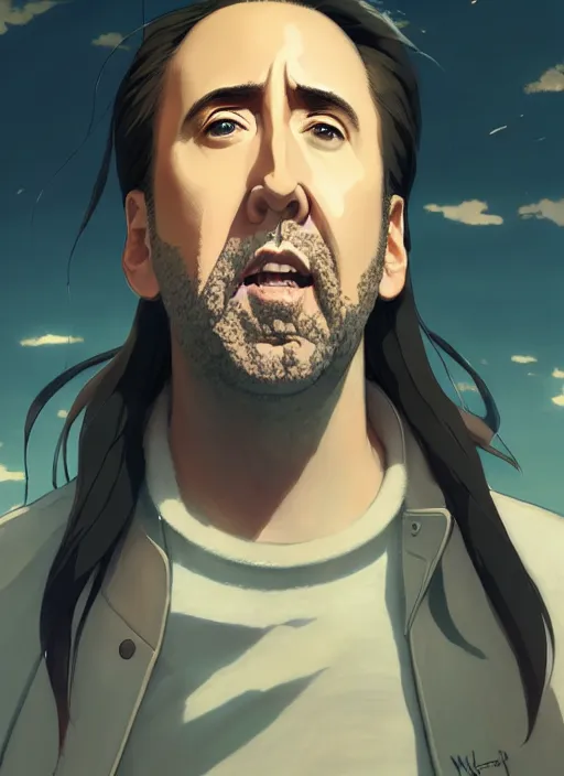 Prompt: portrait of nicolas cage, cloudy sky background lush landscape illustration concept art anime key visual trending pixiv fanbox by wlop and greg rutkowski and makoto shinkai and studio ghibli