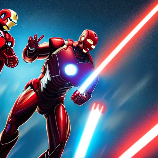 Image similar to iron man and captain america fighting with light sabers, 4k, ultra detailed