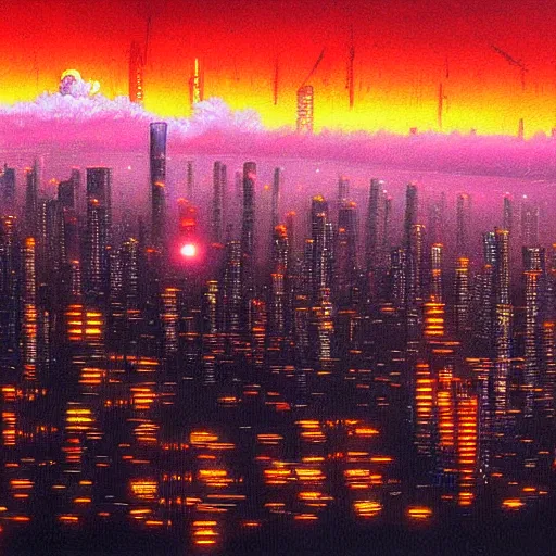 Prompt: Stunning painting of cyberpunk landscape of Chiba City at night from Neuromancer by the genius renowned cyberpunk painter William Gibson