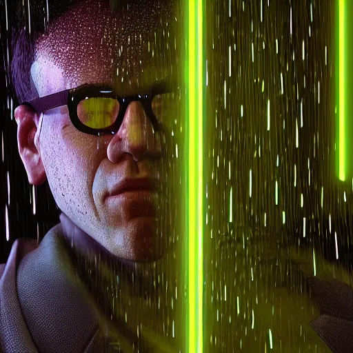 Prompt: gilbert gotfried in the matrix, cartoon portrait made out of rain, realistic, highly detailed, neon, rendered in octane, unreal engine, rain, beautiful, trending on artstation, emotional, photo realistic