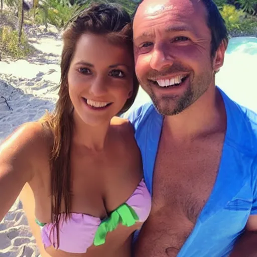 Prompt: photo of a 4 0 year old man that looks young for his age dating a very attractive 2 q year old woman wearing a bikini. they are ready to go to sleep