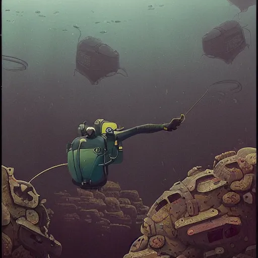 Image similar to Armored diving suit underwater, by Simon Stalenhag