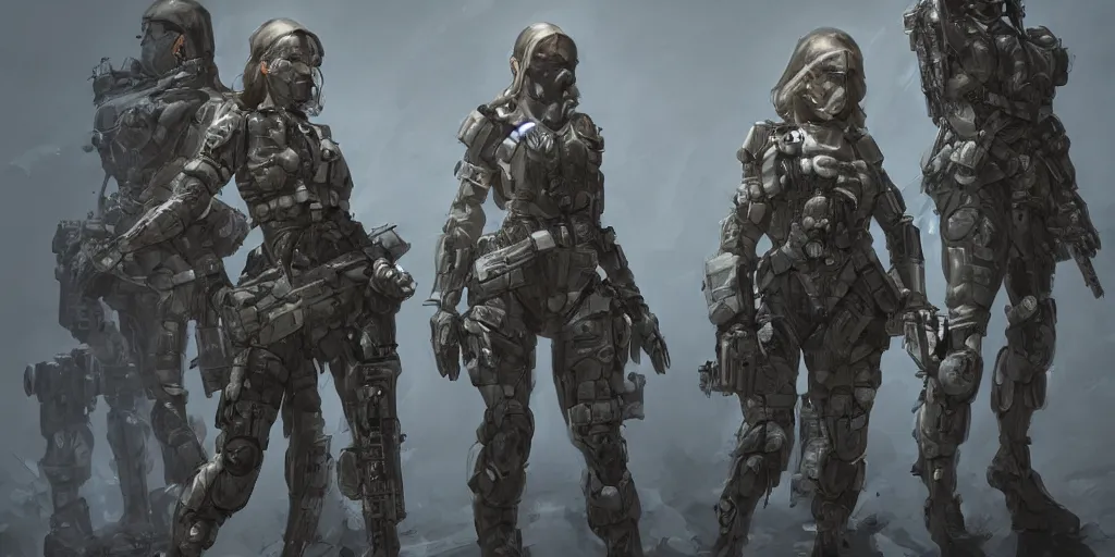 Prompt: tactical female soldiers, merging with biotech, by Maciej Kuciara, small lights, dark, detailed, 4k