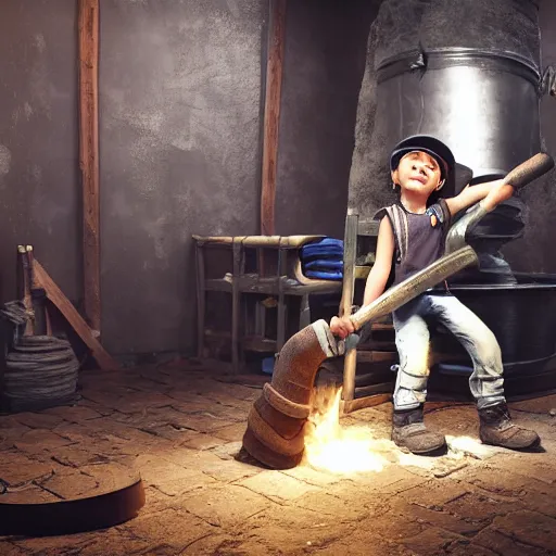 Prompt: realistic 3 d render of blacksmith kid character holding big hammer, unreal engine 5, extremely detailed