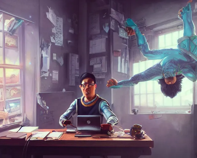 Image similar to an insanely detailed painting of a nerdy asian man wearing a superhero costume, sitting at a desk, staring at the nervously at the computer and typing, in the style of peter mohrbacher, dramatic lighting and composition, surreal background, octane render, pixar, trending on artstation, concept art, comic book, view from behind