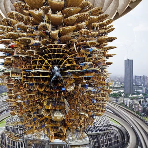 Image similar to giant mechanical wasps constructing a spherical city suspended in mid air