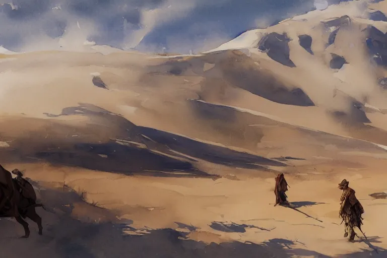 Prompt: watercolor painting of snow desert, ambient lighting, art by hans gude, art by hans dahl, by jesper ejsing, art by anders zorn, wonderful masterpiece by greg rutkowski, cinematic light, american romanticism by greg manchess, creation by tyler edlin