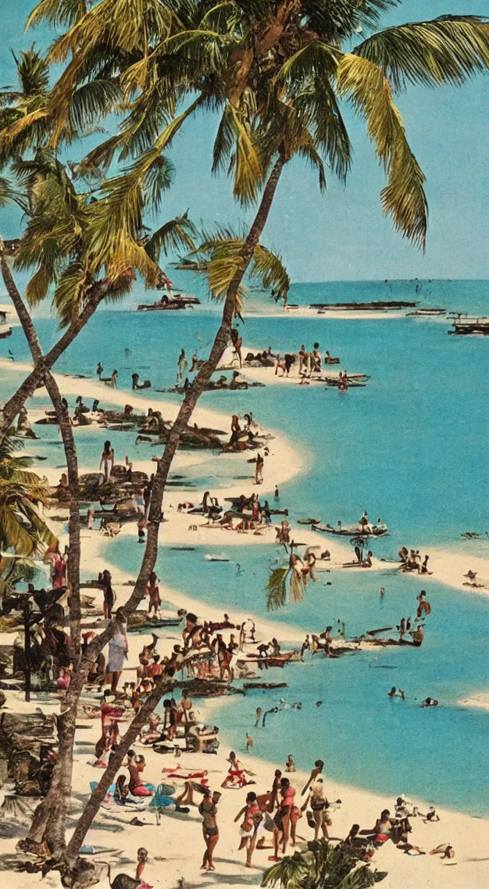 Image similar to a 1950s vacation pamphlet about a Caribbean beach,