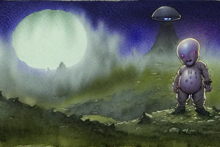 Prompt: a realistic and atmospheric watercolour fantasy character concept art portrait of a short fat chibi grey alien emerging from the mist on the moors of ireland at night. a ufo is in the sky. by rebecca guay, michael kaluta, charles vess and jean moebius giraud