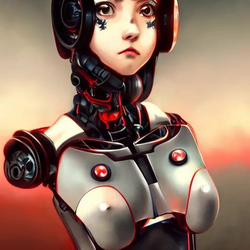 Image similar to A cyborg girl with big and cute eyes, fine-face, realistic shaded perfect face, fine details. red and black robotic parts. Very anime. Realistic shaded lighting poster by Ilya Kuvshinov katsuhiro, magali villeneuve, artgerm, Jeremy Lipkin and Michael Garmash, Rob Rey and Kentarõ Miura style, trending on art station