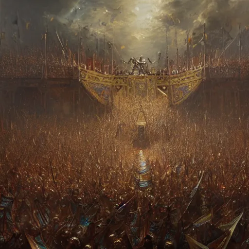 Image similar to artstation concept of a man in armor standing in a crowd gettig cheered, man with arms wide open, bright colorful, gold, hyperdetailed, artstation trending, world renowned artists, worth 1 0 0 0. com, historic artworks society, antique renewel, cgsociety, by greg rutkowski, by gustave dore, deviantart