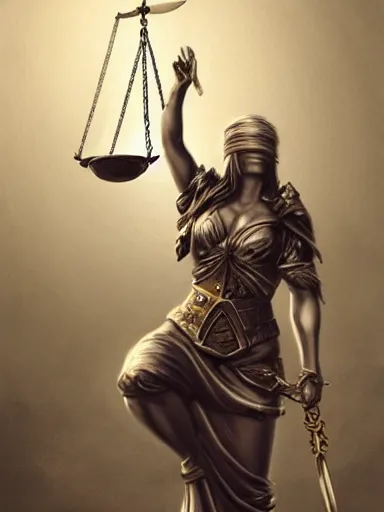 Image similar to lady justice holding two balance scales. blindfolded intricate, elegant, highly detailed, digital painting, artstation, concept art, sharp focus, illustration, by justin gerard and artgerm, 8 k