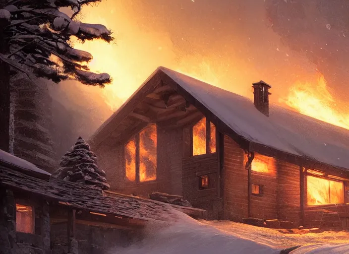 Image similar to mountain chalet covered in fire, smoke, sunrise, snow, sharp details, sharp focus, elegant, highly detailed, illustration, by Jordan Grimmer and greg rutkowski and PiNe(パイネ) and 薯子Imoko and 香川悠作 and wlop and maya takamura, intricate, beautiful, Trending artstation, pixiv, digital Art