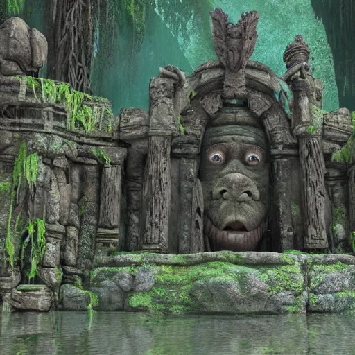 Prompt: an ancient collapsing temple to Shrek discovered deep in the swamps, 4k render, octane, ancient ogre imagery, tribal war god, dark amazonian temple, onion statue, gargoyle-like decorations in the style of Donkey. hyper-detailed, intricate, hallowed swampland