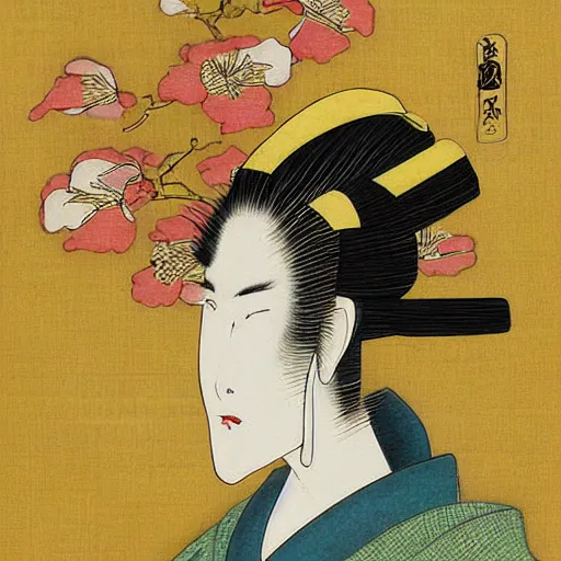 Image similar to A beautiful computer art of a creature that is neither man, nor beast. Ukiyo-e, pastel yellow by Karen Wallis fine