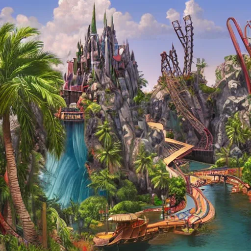 Image similar to painting of universal's islands of adventure, universal orlando, artstation