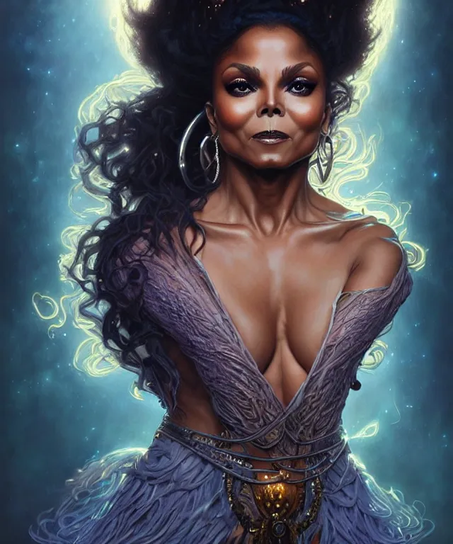 Image similar to Janet Jackson as a fantasy magic woman portrait, sci-fi, amber eyes, face, long hair, fantasy, intricate, elegant, highly detailed, digital painting, artstation, concept art, smooth, sharp focus, illustration, art by artgerm and greg rutkowski and alphonse mucha