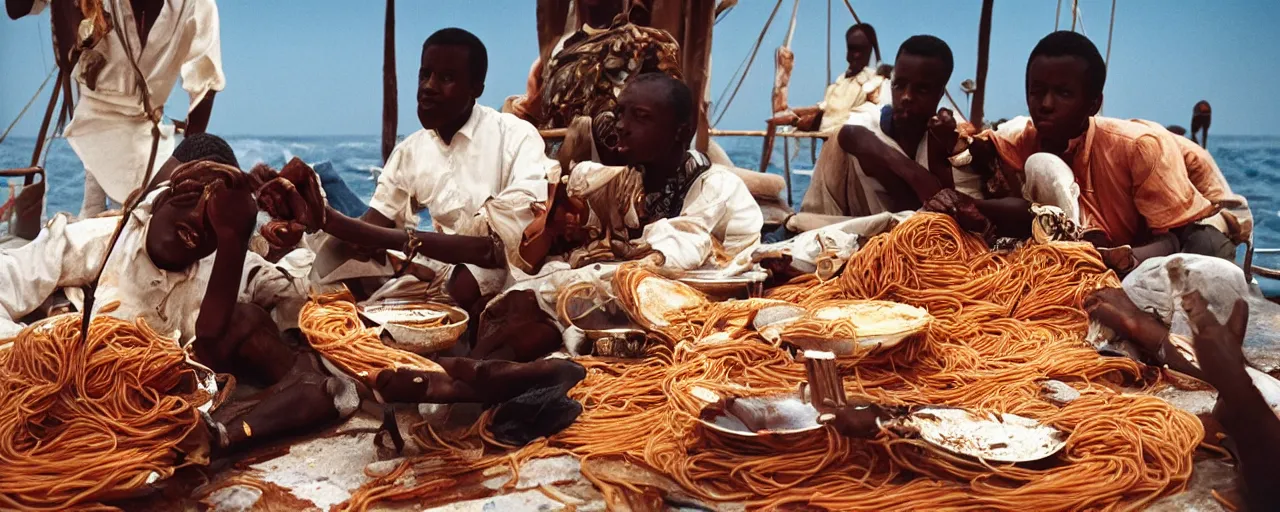 Prompt: vasco da gama sailing around africa, eating spaghetti, small details, intricate, canon 8 0 mm, cinematic lighting, wes anderson film, kodachrome