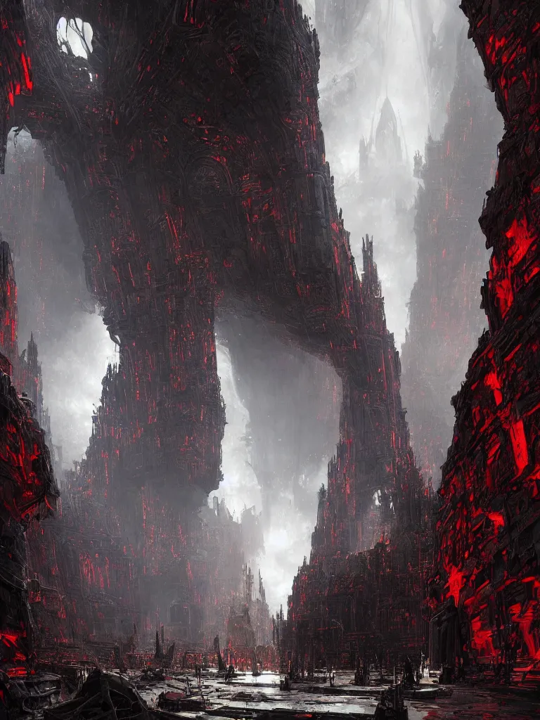 Prompt: inside vast echoing cathedral, interior, gigantic ancient aztec gateway in towering black temple stone wall stretching upwards, futuristic hovering obelisks with red glowing patches, scifi, science fiction spacecraft, tiny tribal people, ruins, vines, jagged blocks of stone, john berkey, james gurney, pengzhen zhang, daniel dociu, vladimir motsar