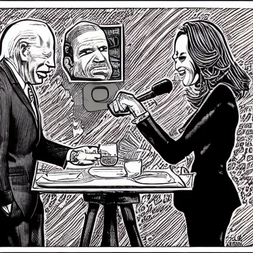 Image similar to The Artwork of R. Crumb and his Cheap Suit - Joe Biden and Kamala Harris, pencil and colored marker artwork, trailer-trash lifestyle