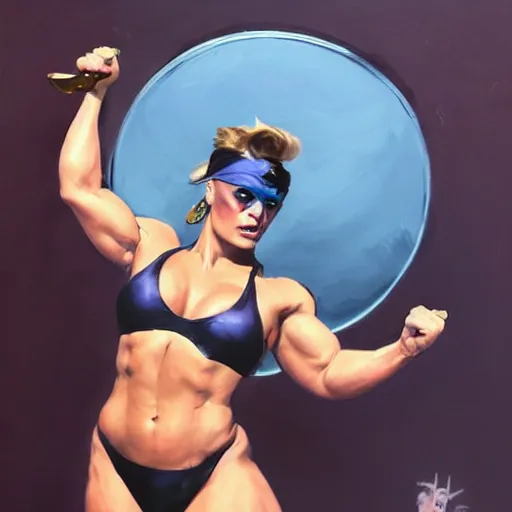 Prompt: greg manchess portrait of margot robbie as happy thick female bodybuilder zarya from overwatch in disco elysium, epic grimdark, fantasy, medium shot, asymmetrical, profile picture, organic painting, sunny day, matte painting, bold shapes, hard edges, street art, trending on artstation, by huang guangjian and gil elvgren and sachin teng