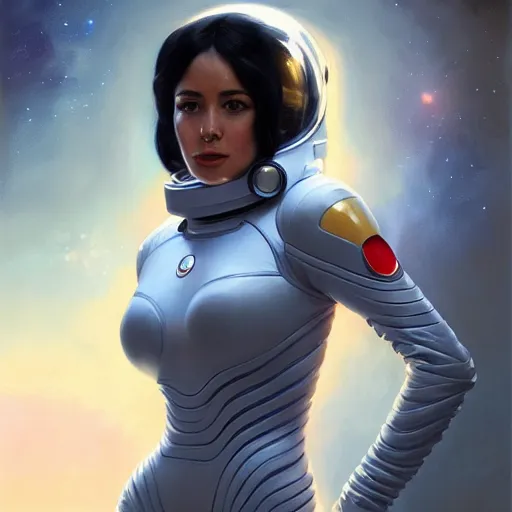 Image similar to a portrait of a very beautiful woman in a spacesuit, Alexandria's genesis, shoulder-length black hair, bored, illustration, soft lighting, soft details, painting oil on canvas by mark arian by artgerm, trending on artstation, 4k, 8k, HD