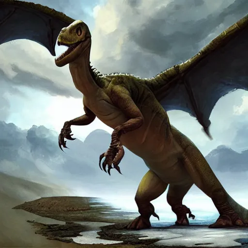 Image similar to friendly dinosaur with wings as arms geog darrow greg rutkowski