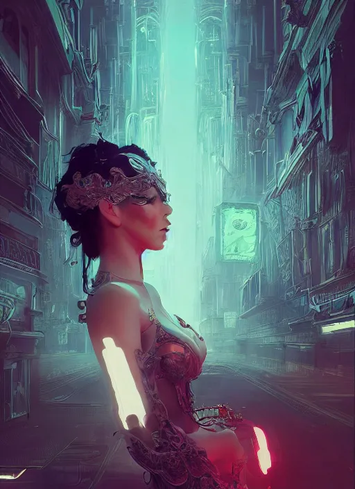 Prompt: a beautiful woman wearing a venetian mask, intricate concept art, elegant, highly detailed, digital painting, artstation, smooth, sharp focus, cyberpunk darksynth, cinematic, opalescent mist, dramatic lighting, illuminated glowing lines, outrun, neon vaporware, by ruan jia and ilya kuvshinov and alphonse mucha