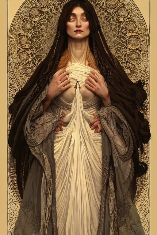 Image similar to high priestess, intricate, elegant, highly detailed, concept art, sharp focus, beautiful face!!, digital art, smooth defined outlines!!, human anatomy, human structure, by Brom, trending on Artstation, Alphonse Mucha, Tom Bagshaw, Sargent