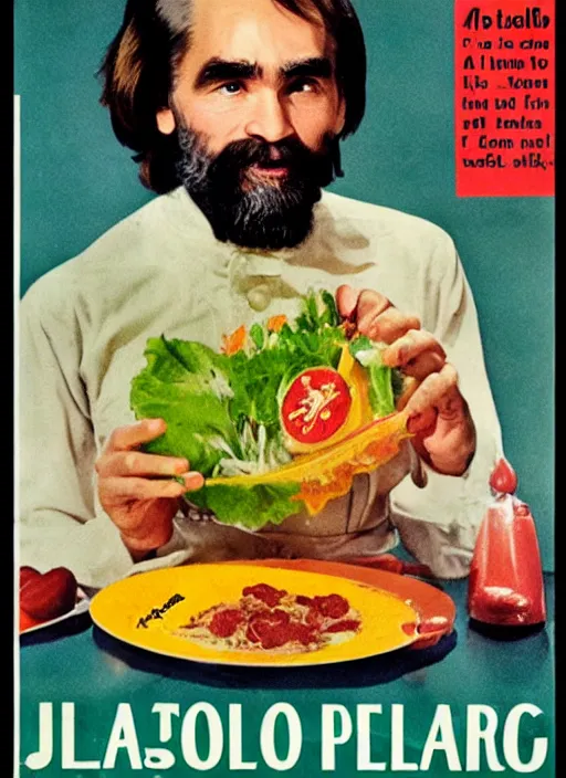 Image similar to vintage jello advertisement depicting charles manson holding a perfection salad