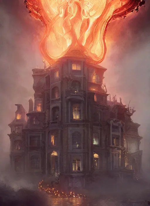 Prompt: giant tentacles destroying a glowing mansion in burning vapor dramatic lighting fantomatic head and faces floating catching fire, artstation, matte painting, bastien lecouffe - deharme, aykut aydogdu, allen williams, artem chebokha