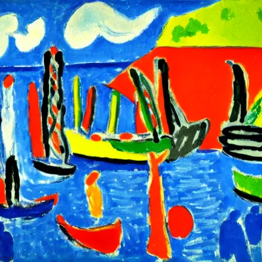 Prompt: a crowded touristy pier painted by henri matisse