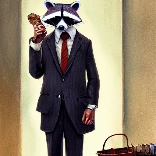 Prompt: a racoon wearing a suit smoking a cigar, dramatic lighting, cinematic, establishing shot, extremly high detail, photorealistic, cinematic lighting, artstation, style by James Gurney