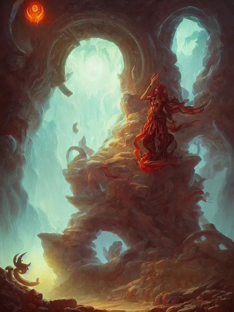 Prompt: elder pagan god rising from a magical portal inside mysterious ancient ruins, painted by peter mohrbacher, trending on artstation, character portrait, character concept art, dynamic lighting, beautiful character painting, mystical figure, closeup, vibrant colors, digital illustration by bjorn hurri, maxim verehin and tomas duchek