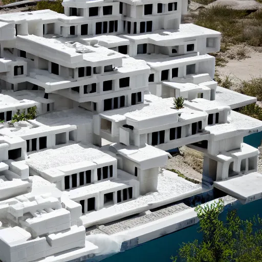 Prompt: habitat 6 7, white lego architect hotel in the dessert, many plants and infinite pool