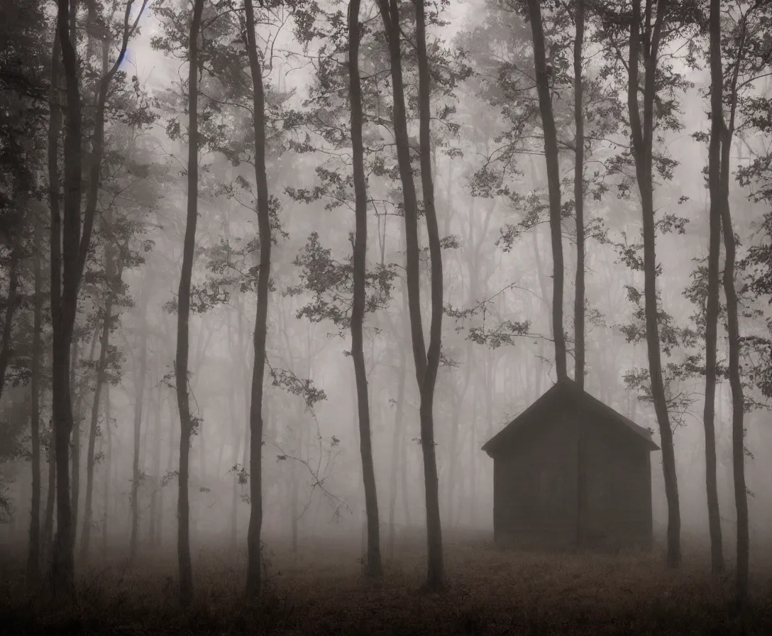 Image similar to a creepy cabin in the middle of a foggy haunted forest, nightmare, horror, haunting, soft tones, red sky, ominous lighting, dark, stormy