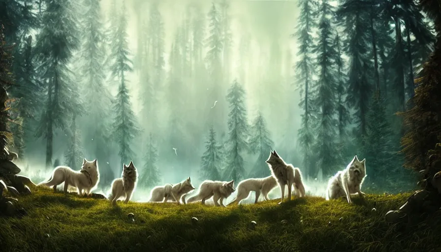 Image similar to dreamy fantasy pack of wolves, bright, white, epic scene, highly detailed, high quality, 8 k, 4 k, octane render, digital painting, alena aenami, lilia alvarado, shinji aramaki, karol bak, alphonse mucha, tom bagshaw