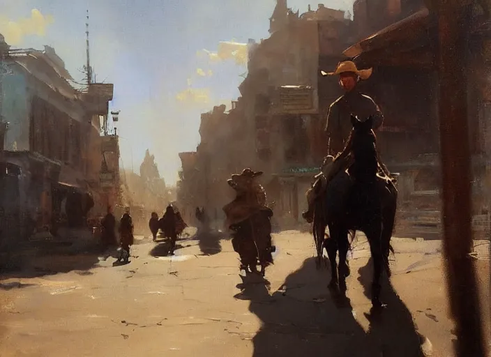 Image similar to oil painting of old rugged cowboy in wild west street setting, art by anders zorn, wonderful masterpiece by greg rutkowski, beautiful cinematic light, american romanticism by greg manchess, reflections in copper, sunlight, dust and steam