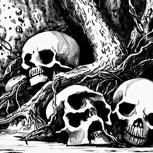 Image similar to Skulls lying under a dead tree. Close Up Shot, Dark Fantasy, Film Noir, Black and White. High Contrast, Mike Mignola, D&D, OSR