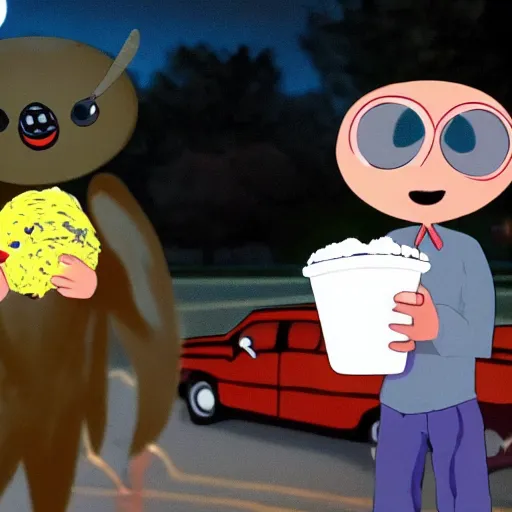 Image similar to mothman and moth boy getting ice cream, movie still