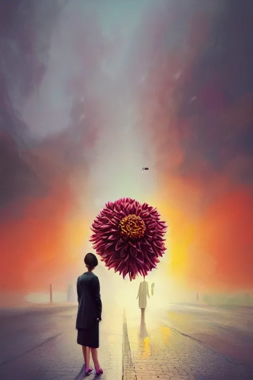 Image similar to closeup giant dahlia flower head, girl in a suit, standing in street, surreal photography, sunrise, dramatic light, impressionist painting, digital painting, artstation, simon stalenhag