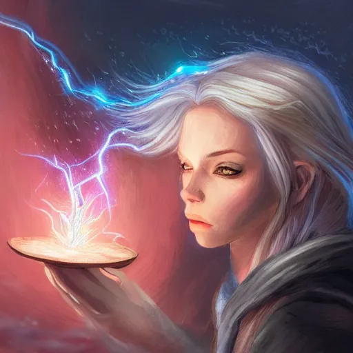 Image similar to a human wizard casting a spell, female, blonde and auburn two toned hair, crackling blue lightning, fantasy, d & d, intricate, elegant, highly detailed, digital painting, artstation, concept art, matte, sharp focus, illustration, in the style of magic the gathering