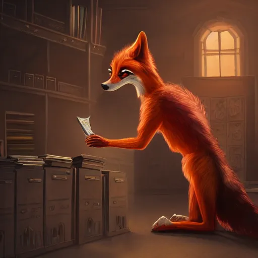 Image similar to award - winning extremely detailed fantasy art of a cute male anthropomorphic vulpes vulpes fulva teacher wearing suit working at a school, 4 k cinematic still photography, dramatic lighting, lifelike hyper realistic