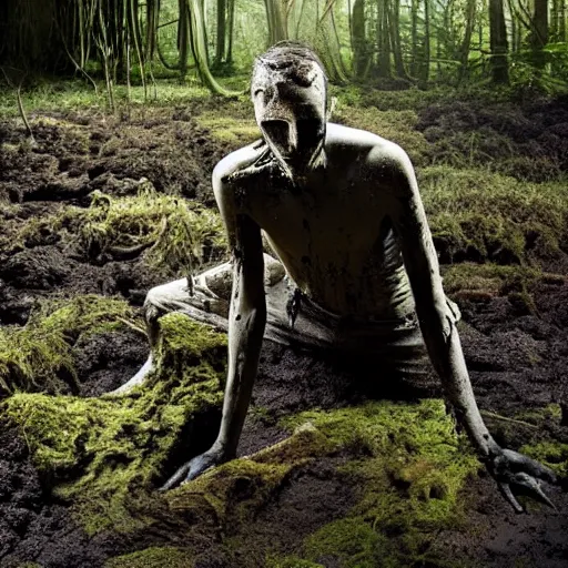 Image similar to Enigmatic Slender Man with Mud and Moss over his skin and plants growing on him is kneeling in a dirty pond, Photorealistic, Sunlight, Photograph, National Geographic, Hyperdetailed