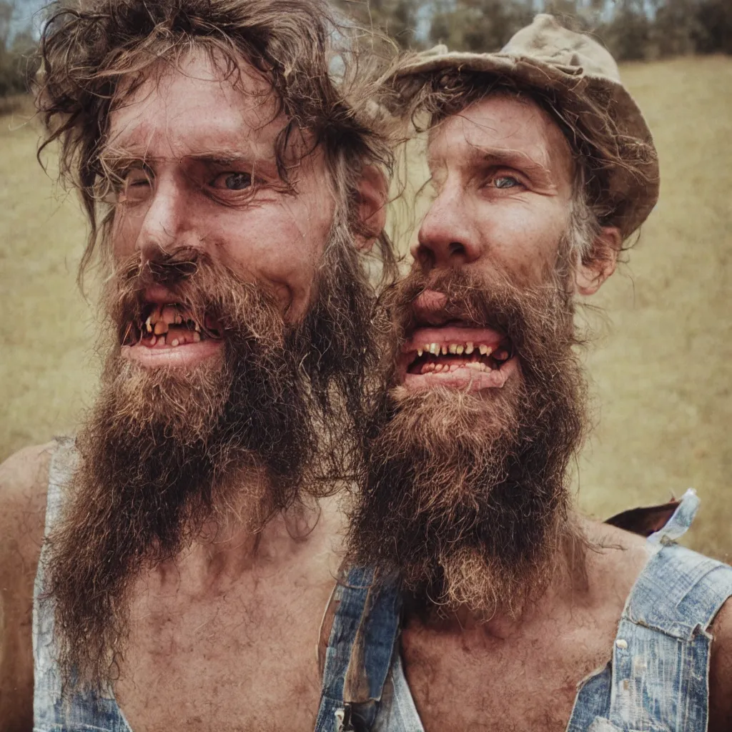 Image similar to extremely skinny malnourished redneck white male with long beard, wearing dirty overalls, dirty greasy face, grin, portrait, close up, kodak gold 2 0 0, 5 0 mm,