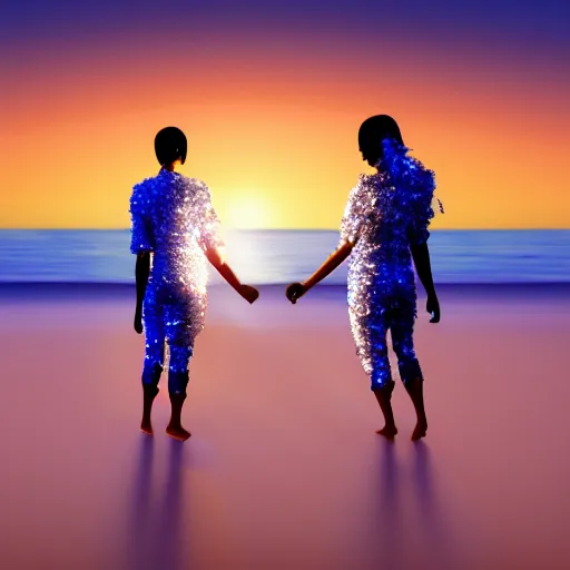 Image similar to a male and a female angels holding hands, seen from the back on a beach made of shiny crystals, at sunset, highly detailed digital art, trending on artstation