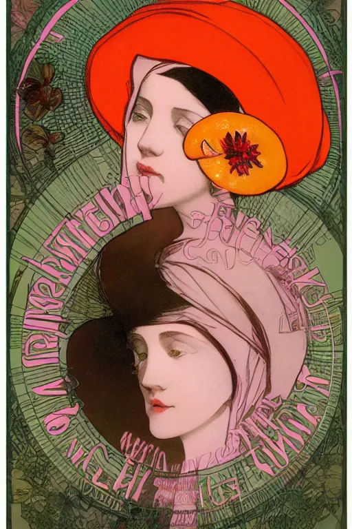 Prompt: a Girl in a large hood sitting on the ground , Slices of orange, cd , microphones ,pink Petals,graphic Design by rella and mucha ,Refreshing colour