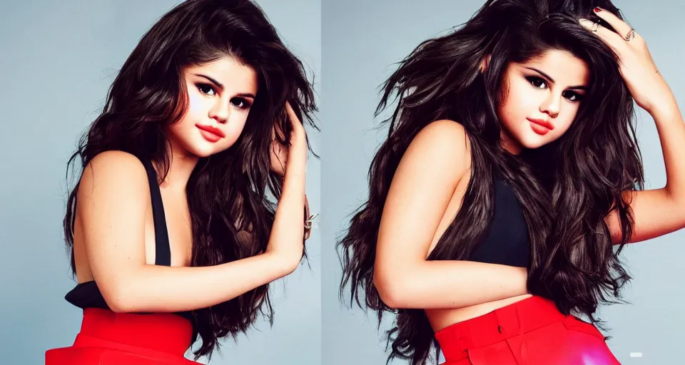 Image similar to a UHD full body portrait of Selena Gomez in a retro style photo shoot Bouncing up and down